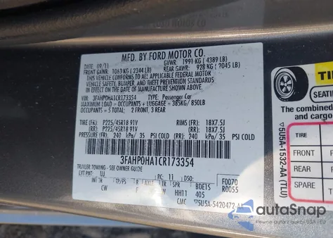 2012 Ford Fusion Se from USA, damaged, VIN 3FAHP0HA1CR173354